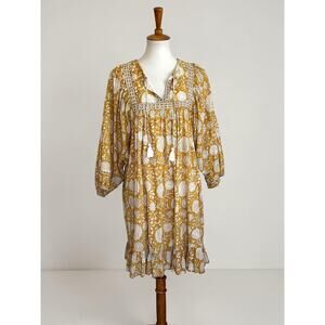 Cleobella Peasant Mini Dress Mustard Block Print Tassel Cotton Size L/M